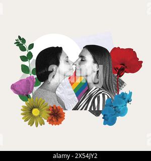 Monochrome grainy image of two women showing tender love to each other, kissing against light background with colorful elements. Contemporary art Stock Photo