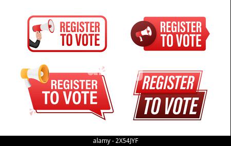 Register to vote text with Megaphone label set. Megaphone in hand promotion banner. Marketing and advertising Stock Vector