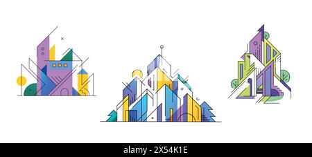Vector set of logo buildings, real estate logos, city architecture compositions. Property concept, skyline construction illustrations. Line cityscapes Stock Vector