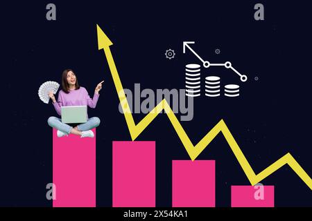 Collage image artwork of funny happy woman hand showing analysis stats development isolated on drawing background Stock Photo
