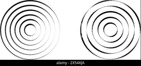 Set of circular ripple icons. Concentric circles with broken dotted lines isolated on white background. Vortex, sonar wave, soundwave, sunburst Stock Vector