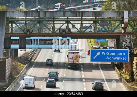 Wuppertal suspension railway crosses the A46 motorway at the Sonnborn junction, Germany, North Rhine-Westphalia, Bergisches Land, Wuppertal Stock Photo