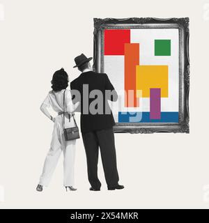 Reflections on equality. Couple dressed in early 20th-century fashion, admires abstract painting in Pride flags colors. Contemporary art collage. Stock Photo