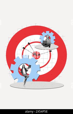 Composite trend artwork sketch image photo collage of black white silhouette teamwork two woman hold laptop aim target achieve goal Stock Photo