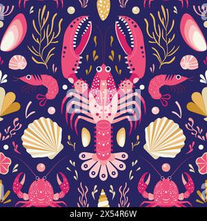 Lobsters and Crabs Seafood Marine Pattern Stock Vector