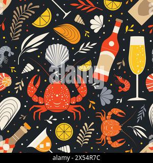 Seafood Pattern with Lobsters Shrimps and Cocktails Stock Vector