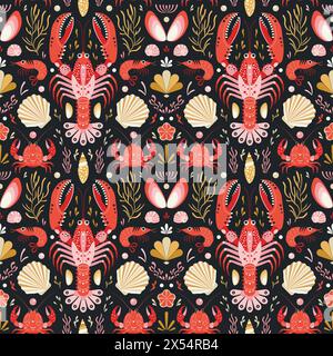 Lobsters and Crabs Damask Marine Pattern Stock Vector