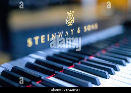 Black and white keys of a Steinway & Sons piano in sharp focus. Stock Photo