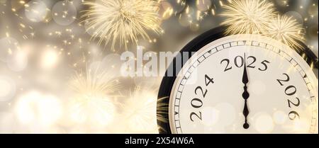 New Year's Eve 2025 concept with clock on gold sparkling background with fireworks and blurred lights. Stock Photo