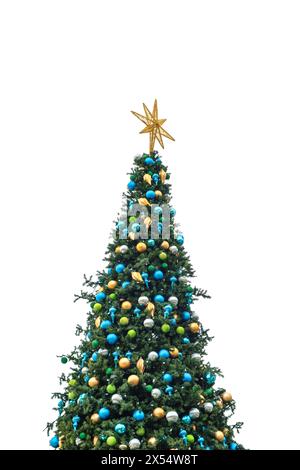 Decorated Christmas tree with baubles isolated on white background. Stock Photo
