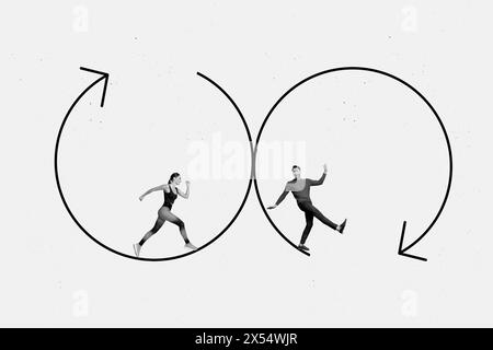 3D photo collage composite artwork sketch image of black white silhouette funny man sportive lady competition project run in circle spin Stock Photo