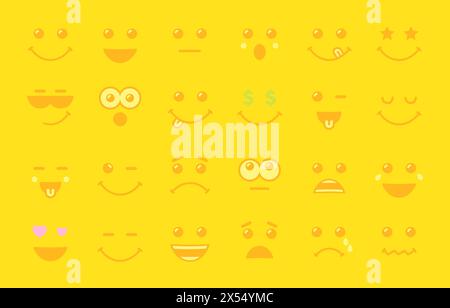 Cute creative digital background with the set of emotions. Social network icons collection. Isolated symbols. Network yellow faces. Greeting card samp Stock Vector