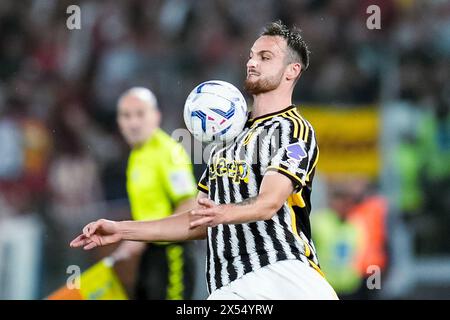 Federico Gatti of Juventus FC controls the ball during the Serie A TIM match between AS Roma and Juventus FC at Stadio Olimpico on May 5, 2024 in Rome, Italy. Stock Photo