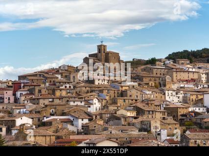 Aibar is a typical Spanish town from bygone times, with small houses crowded together on the side of a hill, in order to protect themselves Stock Photo