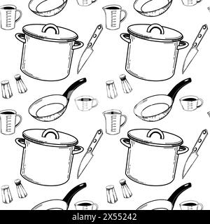 Seamless pattern with kitchen utensils. A saucepan, a frying pan with a black handle, salt and pepper shakers, a kitchen knife. Stock Vector