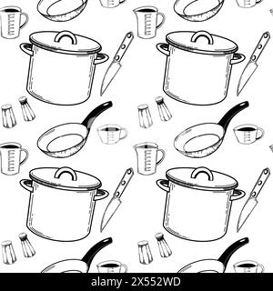 Seamless pattern with kitchen utensils. A saucepan, a frying pan with a black handle, salt and pepper shakers, a kitchen knife. Stock Vector
