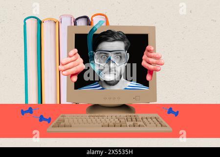Composite photo collage of funny man wear swim equipment peek computer monitor screen office supplies isolated on painted background Stock Photo