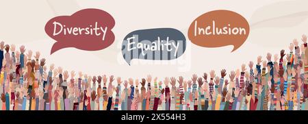 Raised hands of multicultural people from different nations and continents with speech bubbles with text --Diversity - Equality - Inclusion Stock Vector