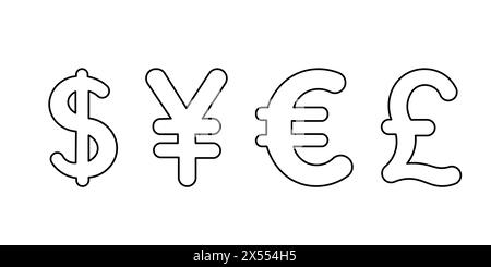 Currency icons on a white background. Collection of currency symbols - dollar, euro, pound, . Cash icon. Currency exchange symbol. Finance symbol. cur Stock Vector