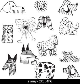 Set of pets. Vector art line style. Collection cat and dogs. Simple design of animals isolated on white background. Flat logo of bulldog, poodle, shee Stock Vector