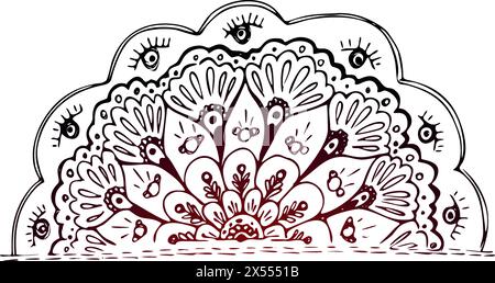 Black and white circle flower ornament, ornamental round lace design. Floral mandala. Hand drawn ink pattern made by trace from personal sketch. Stock Vector