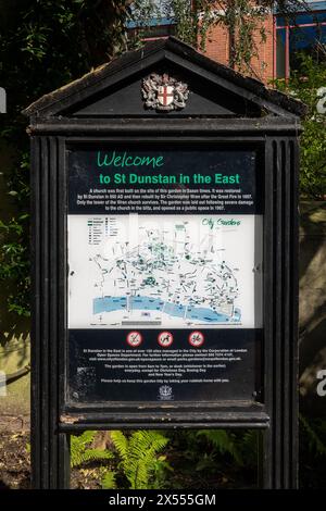 London, United Kingdom - April 29, 2024: Info panel in St. Dunstan in the East Church Garden and Ruins. London. UK. Stock Photo