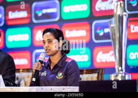 Women's Team Captain of Bangladesh, Nigar Sultana Joty speaks during a press conference at the Pan Pacific Sonargaon, Dhaka. The 2024 ICC Women's T20 World Cup is scheduled to be the ninth edition of ICC Women's T20 World Cup tournament. It is scheduled to be hosted in Bangladesh from 3 to 20 October 2024. Australia are the defending champions having defeated South Africa in final of the previous edition. (Photo by Sazzad Hossain / SOPA Images/Sipa USA) Stock Photo