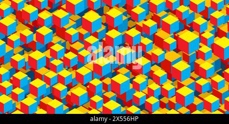 Abstract flying 3d cubes seamless pattern in retro style. Vintage red, yellow and blue vector bg. Futuristic optical illusion Stock Vector