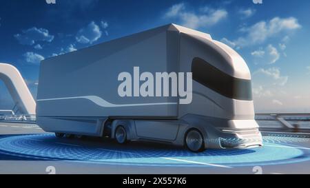 Futuristic Technology Concept: Autonomous Self-Driving Lorry Truck with Cargo Trailer Drives on the Road with Scanning Sensors. Special Effects of a Zero-Emissions Electric Vehicle Analyzing Freeway. Stock Photo