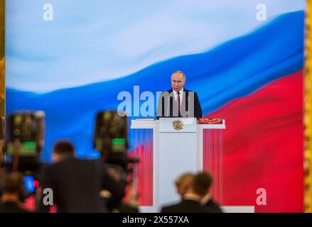 Moscow, Russia. 7th May, 2024. Vladimir Putin gives a speech during an inauguration ceremony at the Kremlin in Moscow, Russia, May 7, 2024. Russia will overcome all obstacles and achieve its goals in development, Vladimir Putin said Tuesday when he was sworn in as Russian president. Credit: Cao Yang/Xinhua/Alamy Live News Stock Photo