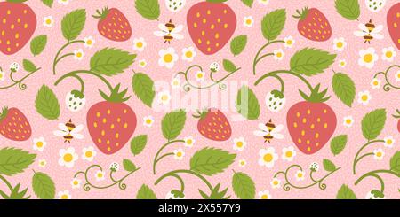 Strawberry-themed seamless pattern design featuring delightful berries, flowers, green leaves, and a tiny bee. Recurring surface design suitable for kid clothing, textiles, wrapping paper, and various applications. Stock Vector