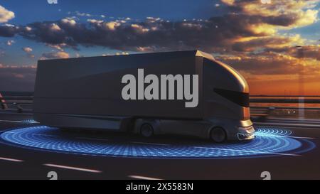 Futuristic Technology Concept: Autonomous Self-Driving Lorry Truck with Cargo Trailer Drives on the Road with Scanning Sensors. Special Effects of a Vehicle Analyzing Highway on a Sunset Evening. Stock Photo