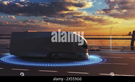 Futuristic Technology Concept: Autonomous Self-Driving Lorry Truck with Cargo Trailer Drives on the Road with Scanning Sensors. Special Effects of a Vehicle Analyzing Highway on a Sunset Evening. Stock Photo