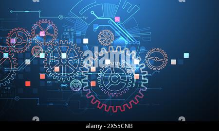 Gear wheel technology pattern on gradient background. Hand drawn vector. Stock Vector