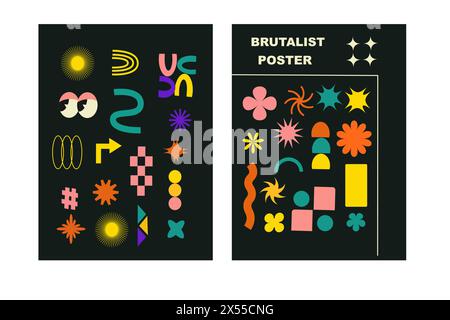 Brutalist posters set with naive playfull shapes and smile stickers. Retro abstract shapes backgrounds. Brutal contemporary figure circle oval wave pa Stock Vector
