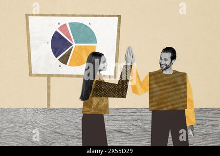Creative picture photo collage two partners coworkers successful cooperation high five finish work infographic positive results Stock Photo