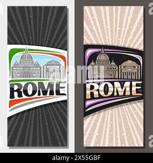 Vector vertical layouts for Rome, decorative leaflet with outline illustration of european rome city scape on day and dusk sky background, art design Stock Vector