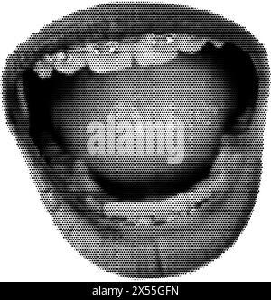 Halftone dotted open mouth with braces. Vector textured female lips, teeth for y2k retro collage Stock Vector