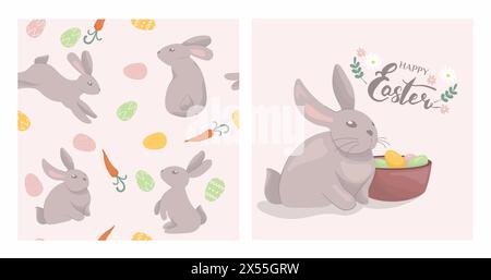 Seamless pattern with bunny cartoons and carrots and eggs on pink background. Rabbit sitting with easter eggs on pink background vector illustration s Stock Vector