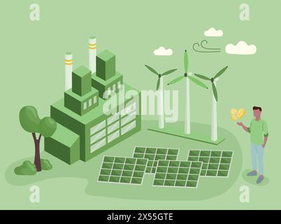 Sustainability illustration. ESG, green energy, sustainable industry with windmills and solar energy panels. Environmental, Social, and Corporate Gove Stock Vector
