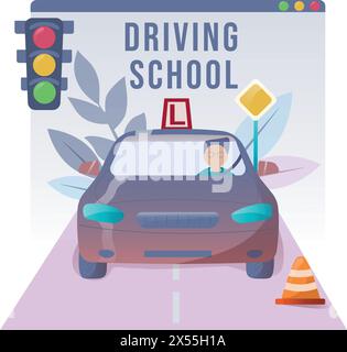 Driving lesson. People studying in driving school and passing exams. Traffic rules. Road signs. Education and drive lesson. Modern flat cartoon style. Stock Vector