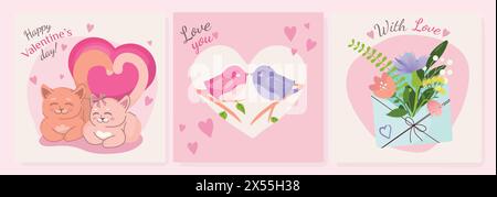 Set of illustrations for valentine s day, illustration of kissing birds, cute cats, bunch of flowers in envelope, vector illustration in flat style Stock Vector