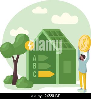 Sustainability illustration in flat style. Energy efficiency in household and industry. Person checks heating meter and calculates household utility b Stock Vector