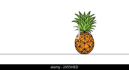 one continuous drawn line of pineapple drawn from the hand a picture of the silhouette. Line art. tropical fruit pineapple. Stock Vector