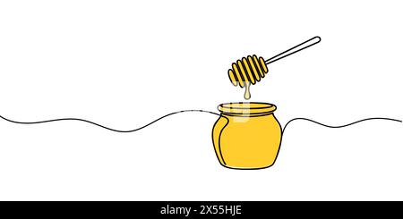Continuous one line drawing of jar with delicious fresh honey icon in silhouette on a white background. Linear stylized Stock Vector