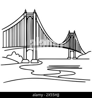 Giant bridge over river. Continuous one line drawing design. Simple modern minimaistic style vector illustration Stock Vector