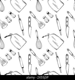 Kitchen pattern. Kitchen utensils: knife, cutting board, rolling pin for dough, salt and pepper shaker, spatula for cooking. Objects are drawn Stock Vector