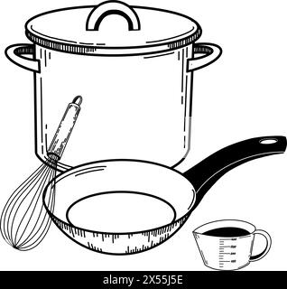 Composition on a kitchen theme. A saucepan, a frying pan with a black handle, a measuring cup, a whisk. Objects are drawn in black in vector. Stock Vector
