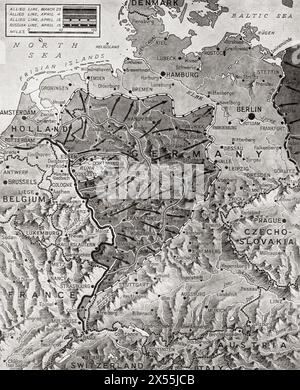 Map showing the movement of the Anglo-American troops towards the centre of the Reich and the Czechoslovak border and the British advance to cut off Holland, April 1945 during WWII. From The War in Pictures, Sixth Year. Stock Photo