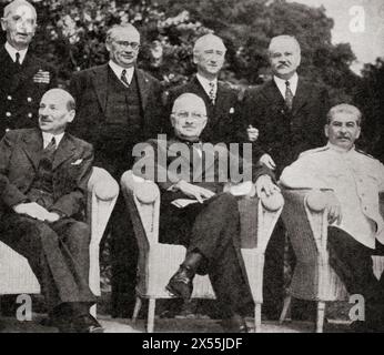 The Potsdam Conference, 1945. Front row from left to right: Mr Attlee, President Truman and Stalin. Back row from left to right: Admiral Leahy, Mr. Ernest Bevin, Mr J Byrnes and M Molotov.  Clement Richard Attlee, 1st Earl Attlee, 1883 – 1967. British statesman and Labour Party politician, Prime Minister of the United Kingdom.  Harry S. Truman, 1884 – 1972. 33rd president of the United States of America.  Joseph Vissarionovich Stalin, 1878 –  1953.  Soviet revolutionary and politician, leader of the Soviet Union and General Secretary of the Communist Party of the Soviet Union.  From Stock Photo